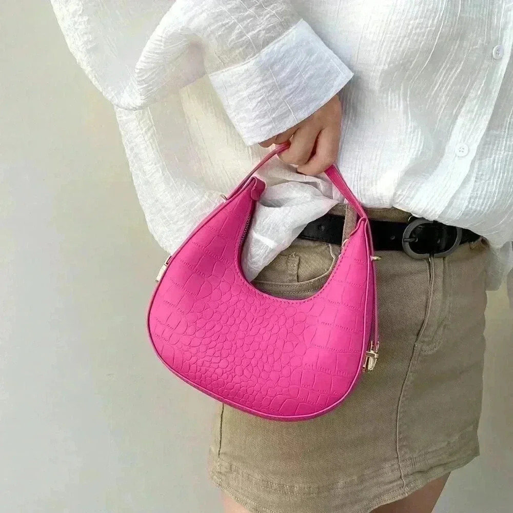 Hot Pink Casual Women's Solid Color Crocodile Pattern Shoulder Bag - Picture 6 of 6